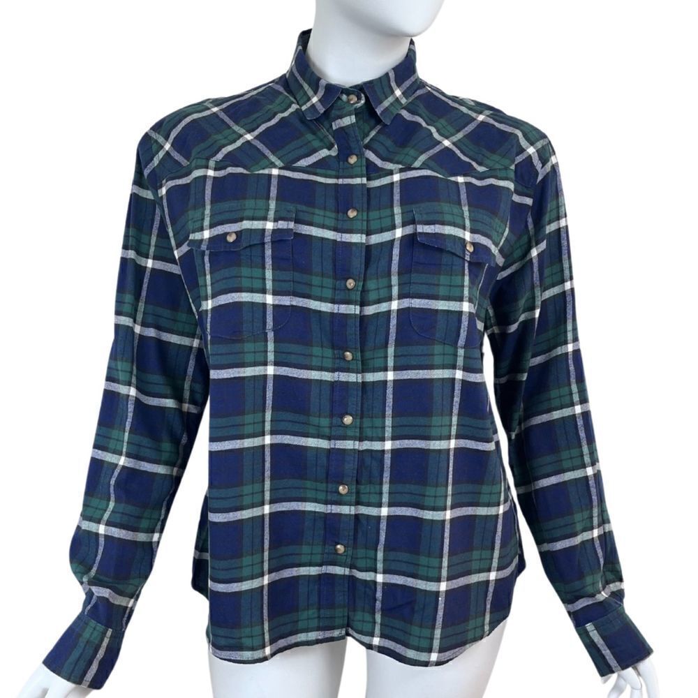 JACHS Women Size XXL Girlfriend Blue Plaid Paisley Cotton Flannel Top Pockets